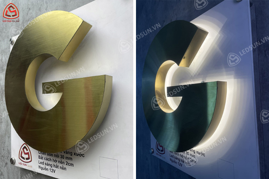 chữ nổi inox vàng xước sáng chân